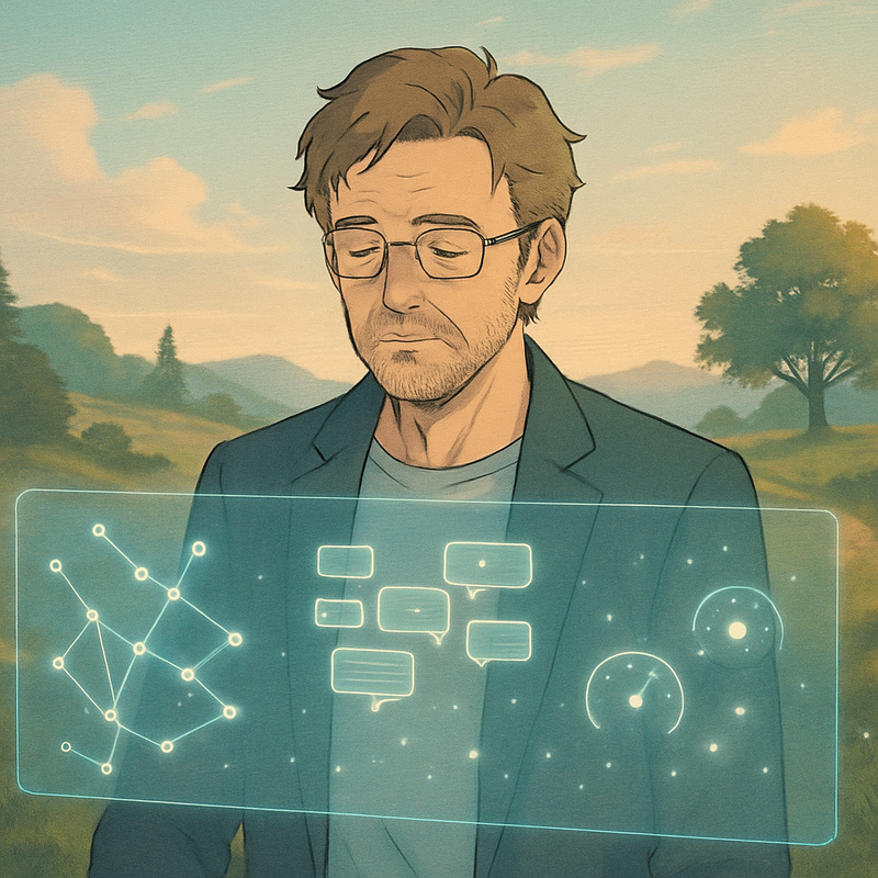 Een anime-stijl illustratie van een man die rustig kijkt naar een zwevende, holografische kaart met SEO-elementen zoals trefwoorden, links en content, geplaatst over een nostalgisch game-landschap.