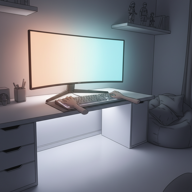 Een anime-stijl afbeelding van een gaming setup in een donkere kamer, verlicht door dynamische RGB-lampen die achter een monitor en onder een bureau geplaatst zijn, waardoor een sfeervolle en meeslepende speelruimte ontstaat.