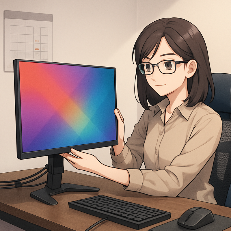 Een anime-achtige afbeelding van Noa Jansen die haar gaming monitor ergonomisch instelt aan een opgeruimd bureau met netjes weggewerkte kabels. Op de achtergrond is een kalender te zien met gemarkeerde verkoopdata.