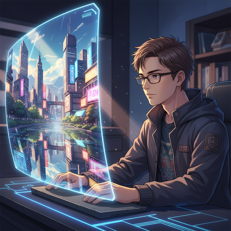 Een anime-stijl illustratie van een personage dat door een venster of beeldscherm kijkt. De wereld buiten is adembenemend realistisch met complexe lichteffecten en reflecties, wat de technologische sprong in gaming visualiseert.