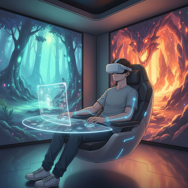 Een anime-stijl afbeelding van een gamer met een futuristische VR/AR headset, zittend in een ergonomische stoel met haptische feedback. De kamer om de gamer heen projecteert dynamische, kleurrijke game-omgevingen, wat een diepe immersie en vermenging van virtuele en fysieke wereld suggereert.
