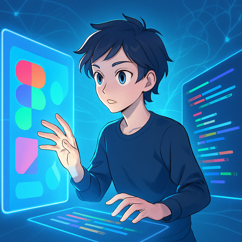 Een anime-stijl illustratie van een persoon die naar een zwevend holografisch scherm kijkt, waarop designelementen en coderegels samensmelten. Het beeld symboliseert de geïntegreerde toekomst van grafisch ontwerp en softwareontwikkeling met AI.