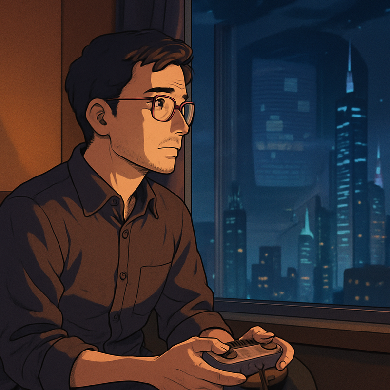 Een man in anime-stijl met een nostalgische uitdrukking kijkt vanuit een rustige kamer uit op een futuristische stad. In zijn reflectie in het raam is een klassiek videospel zichtbaar, terwijl hij een oude controller vasthoudt.