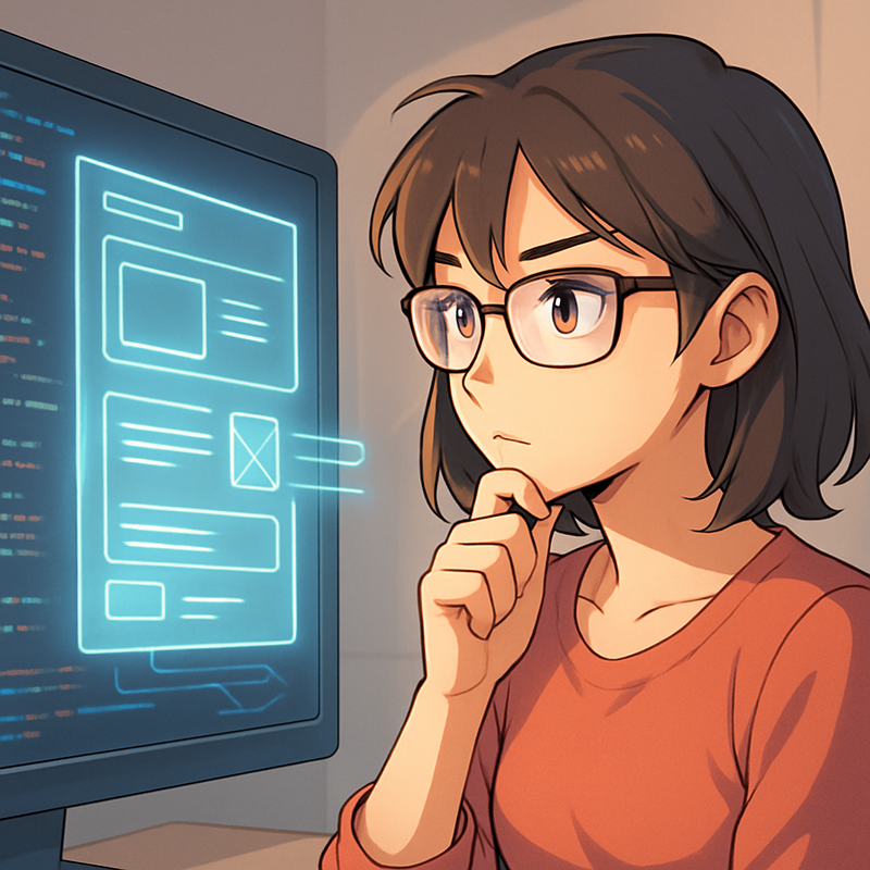 Een anime-illustratie van een designer die een door code gegenereerde gebruikersinterface observeert op een monitor, symboliserend de samensmelting van design en ontwikkeling.
