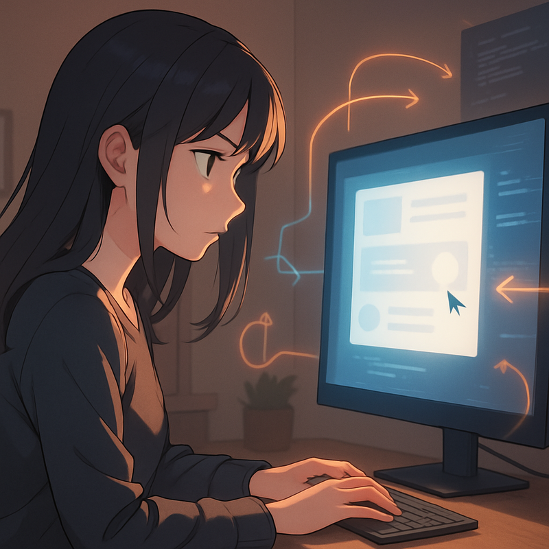 Een anime-illustratie toont een vrouwelijke ontwerper die geconcentreerd naar een scherm kijkt met zowel UI-ontwerpen als code, omringd door visuele metaforen voor samenwerking en versiebeheer.