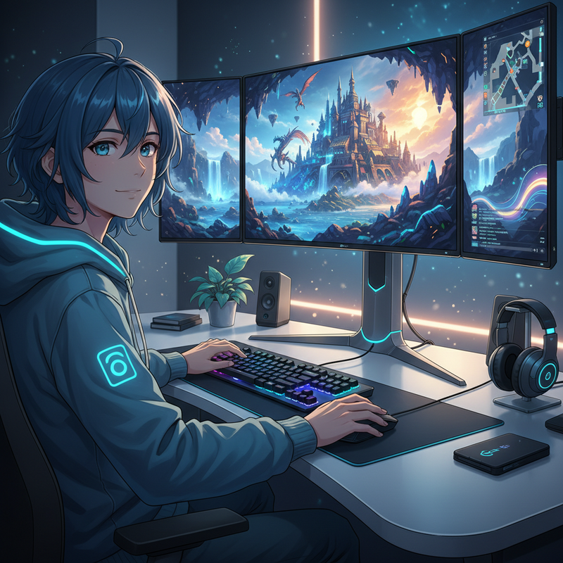 Een gamer in anime-stijl zit voor een uitgebreide multi-monitor setup. Het middelste scherm toont een gedetailleerd en kleurrijk fantasielandschap, terwijl de zijschermen de visuele ervaring uitbreiden of aanvullende game-informatie tonen. De gezichtsverlichting van de schermen reflecteert zachtjes op het gezicht van de geconcentreerde gamer. De setup is strak en modern.
