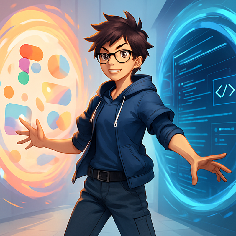 Een anime-stijl afbeelding van een energiek persoon die zelfverzekerd staat tussen twee gloeiende portalen. Het linker portaal toont creatieve designelementen van Figma, terwijl het rechter portaal coderingslijnen van Visual Studio weergeeft. De persoon reikt naar beide, symboliserend de harmonie tussen design en development.