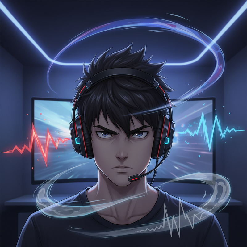 Een geconcentreerde anime-stijl gamer met een geavanceerde gamingheadset. Rond zijn hoofd zweven subtiele, kleurrijke geluidsgolven die directionele audio signaleren, zoals voetstappen en geweerschoten, wat zijn verbeterde situationele bewustzijn illustreert.