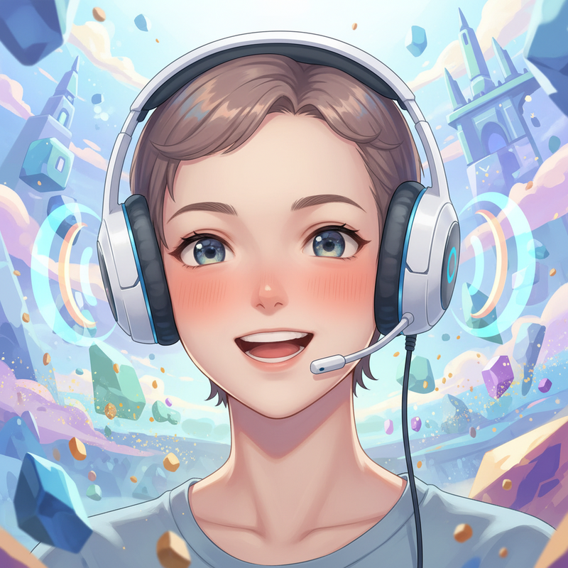 Een blije anime-gamer draagt een betaalbare gaming headset en is volledig ondergedompeld in een levendige, dromerige virtuele wereld.