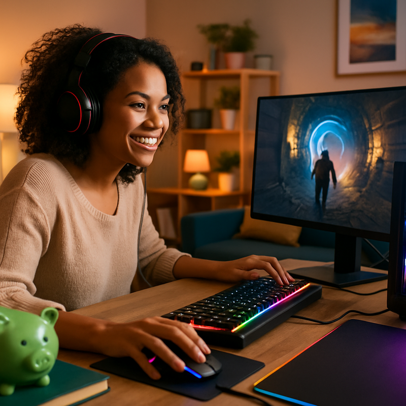 Vrouw gaming op moderne betaalbare gaming-pc setup met sfeerverlichting