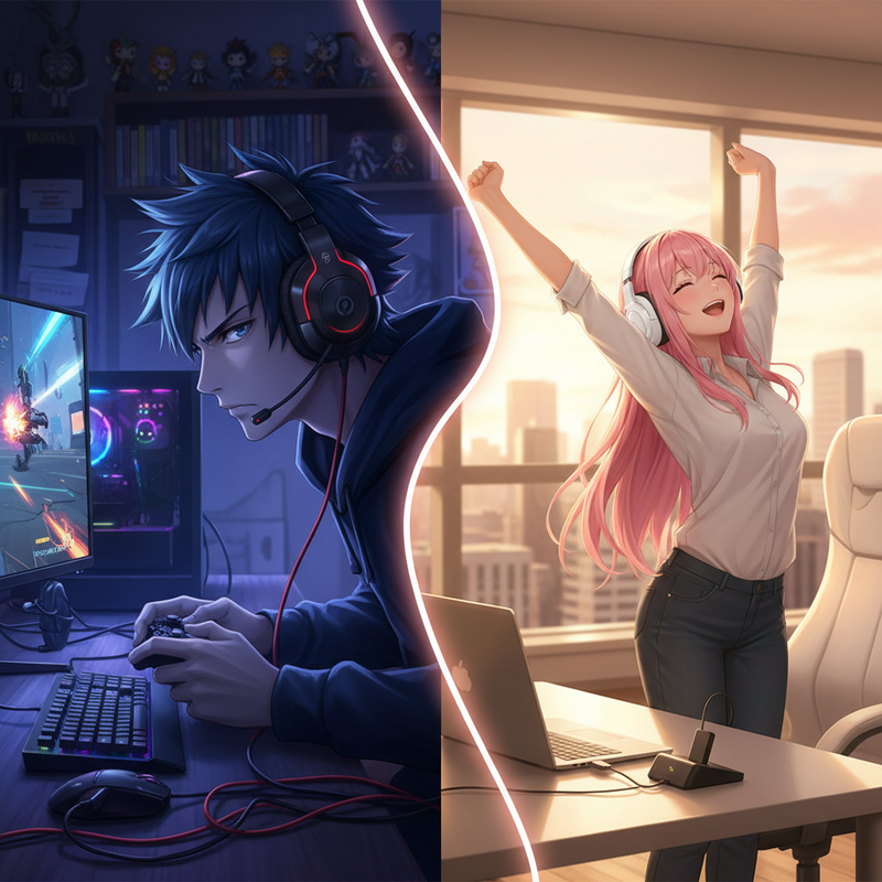Een anime illustratie die de keuze tussen bedrade en draadloze gaming headsets visualiseert. Aan de linkerkant zit een geconcentreerde gamer met een bedrade headset en een georganiseerde setup, wat betrouwbaarheid symboliseert. Aan de rechterkant staat een ontspannen gamer met een draadloze headset, die bewegingsvrijheid en een opgeruimd speelgebied uitstraalt.