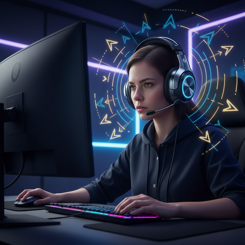 Een anime-stijl afbeelding van een geconcentreerde gamer met een moderne 7.1 gaming headset, omringd door subtiele, transparante pijlen die geluidsrichting symboliseren.