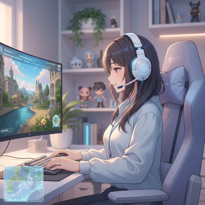 Een anime-stijl illustratie van een geconcentreerde vrouwelijke gamer met een moderne gaming headset op, comfortabel zittend voor een scherm met subtiele gaming-interface elementen op de achtergrond. Ze lijkt volledig op te gaan in haar spel.