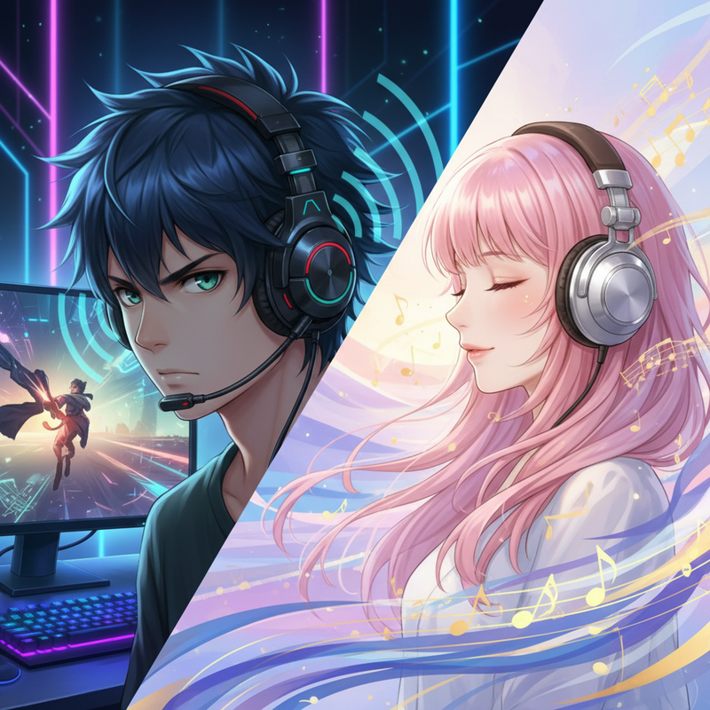 Een anime-stijl illustratie die twee personen toont. Links een gamer met een headset en microfoon, omringd door geluidswavetekens. Rechts een persoon met een koptelefoon, genietend van muzieknoten.