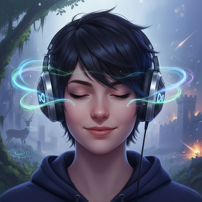 Een anime-stijl illustratie van een geconcentreerde persoon die een gaming headset draagt, omringd door subtiele, transparante geluidsgolven en vage contouren van een virtuele game-omgeving, wat de diepe audio-immersie en directionele geluidsbeleving symboliseert.