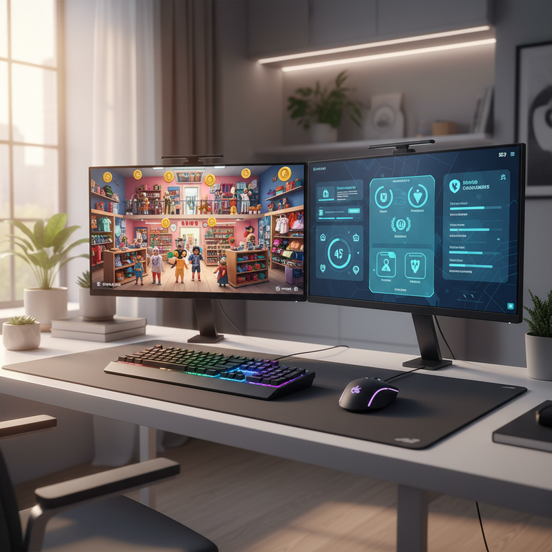 Gaming computer met twee schermen waarop Roblox kringloopwinkel en gamified health app te zien zijn