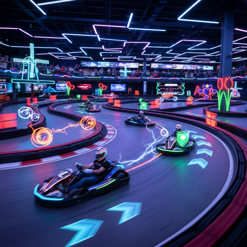 Elektrische karts racen op indoor circuit met augmented reality overlays van power-ups en virtuele obstakels