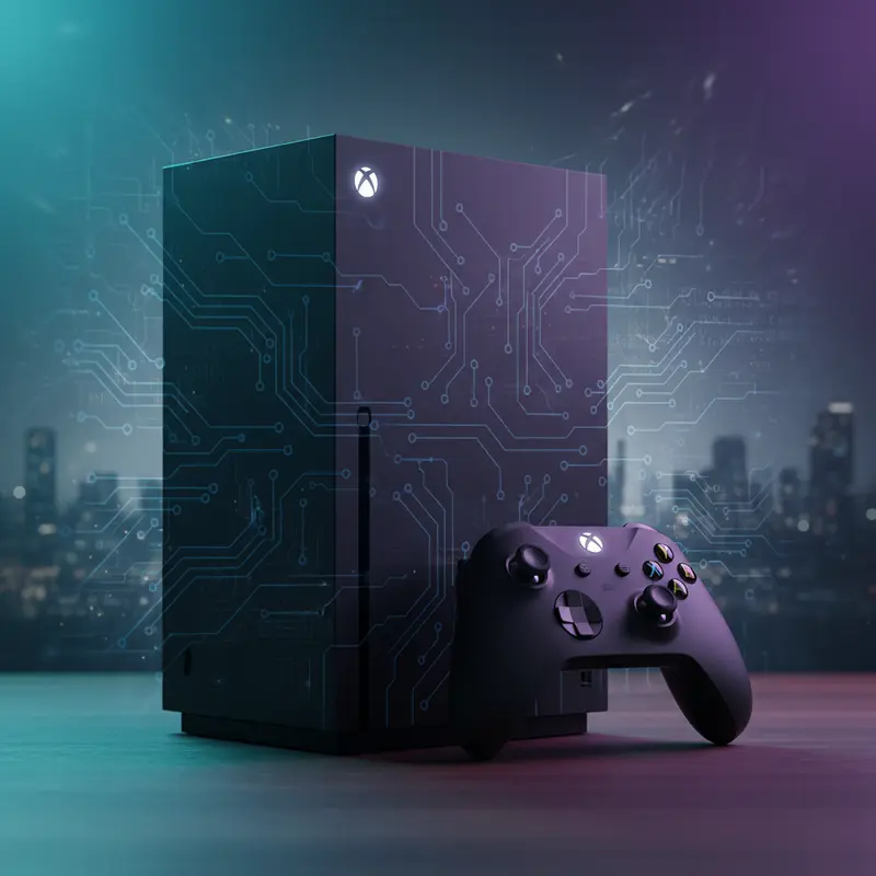Xbox console en controller met digitale AI-overlay die de leiderschapstransitie bij Microsoft Gaming symboliseert