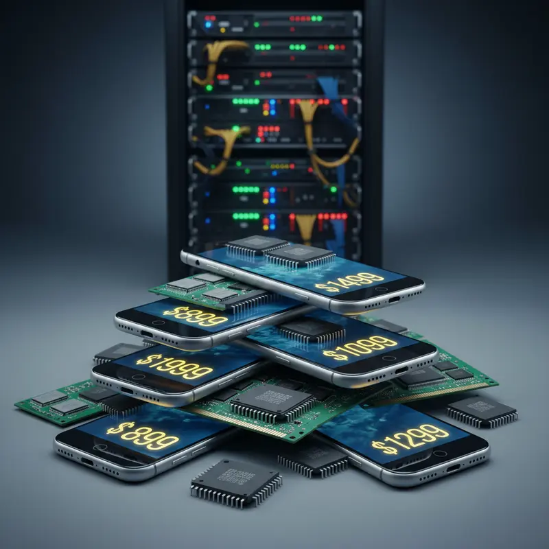 Smartphones met prijskaartjes naast geheugenchips en datacenter-apparatuur die chipschaarste visualiseren