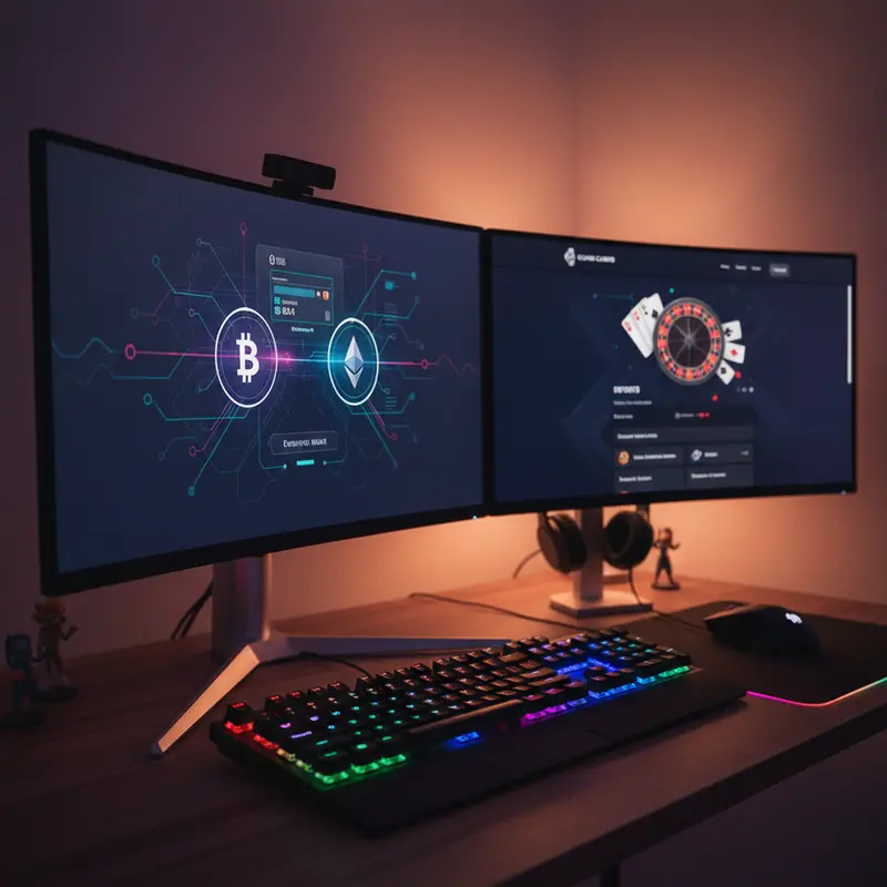 Gaming computer met twee monitoren waarop cryptocurrency wallet en online casino website te zien zijn