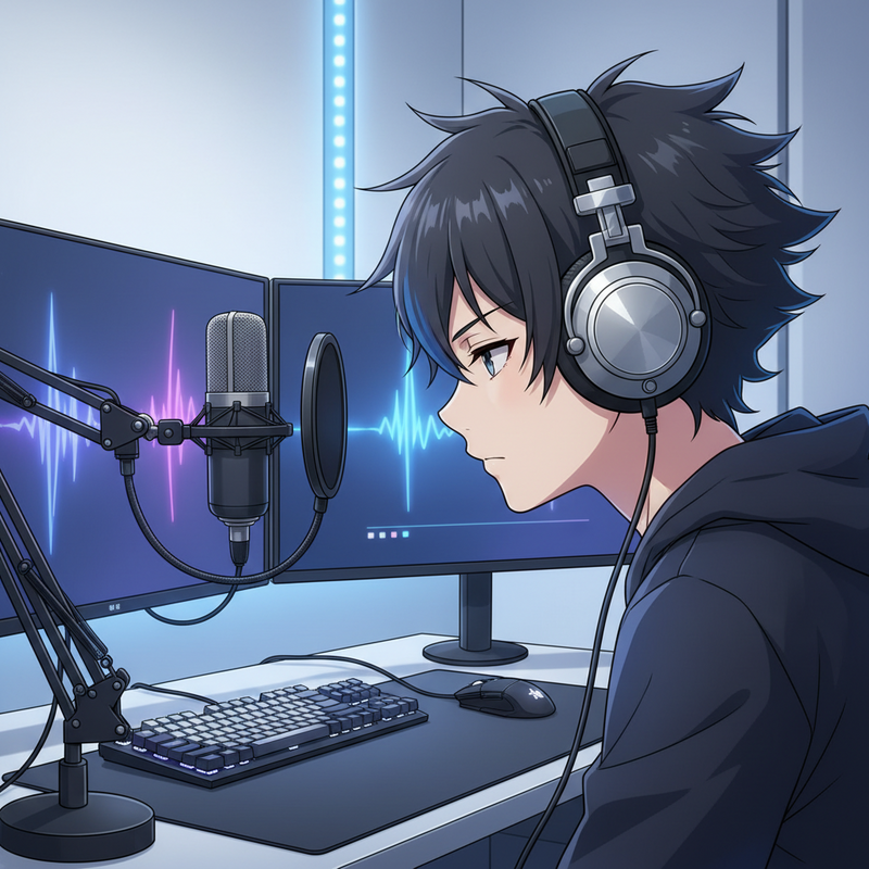 Een anime karakter draagt een stijlvolle, open-back koptelefoon en gebruikt een professionele desktop microfoon, wat een hoogwaardige audio-ervaring voor gaming of streaming symboliseert.