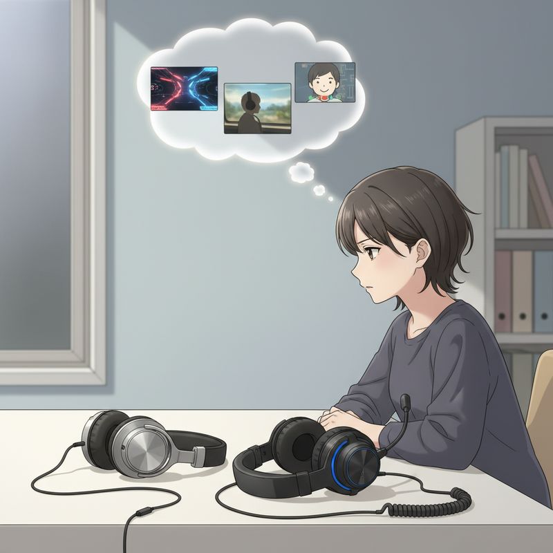 Een anime-illustratie van een jonge vrouw, Noa, die zorgvuldig twee audio-opties op haar bureau bekijkt: een strakke koptelefoon en een gaming headset, terwijl ze nadenkt over verschillende gebruiksmogelijkheden.
