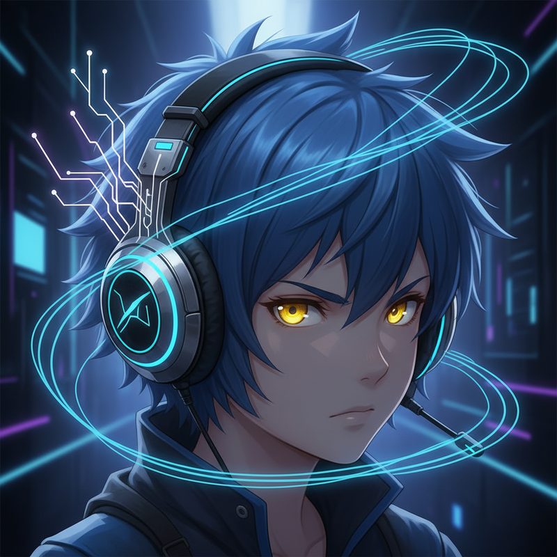 Een anime-illustratie van een geconcentreerde gamer met een high-tech headset. Subtiele lichtblauwe golven buigen om het hoofd van de gamer, wat de Head-Related Transfer Function (HRTF) voorstelt. Gloeiende lijnen rond de headset symboliseren geavanceerde audioprocessing die leidt tot superieure ruimtelijke geluidservaring.
