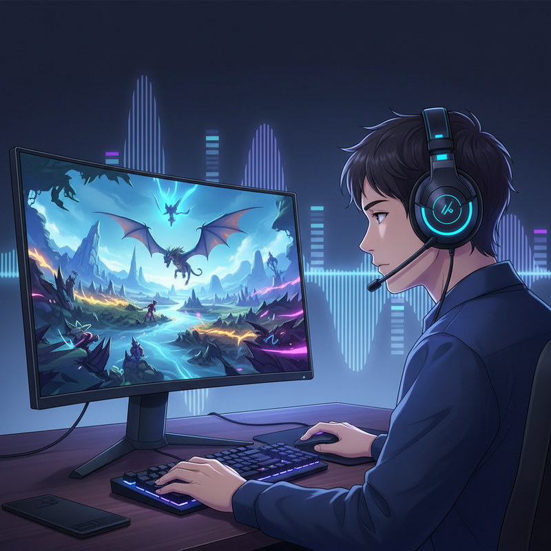 Een geanimeerde afbeelding van een gamer met een headset, geconcentreerd kijkend naar een gamemonitor op een opgeruimd bureau, met een subtiele weergave van software-instellingen op de achtergrond.