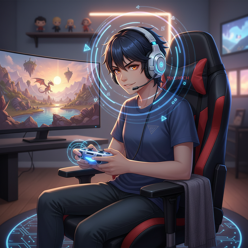 Anime-stijl afbeelding van een gamer met een gaming headset, omringd door geluidseffecten die immersie en communicatie symboliseren.