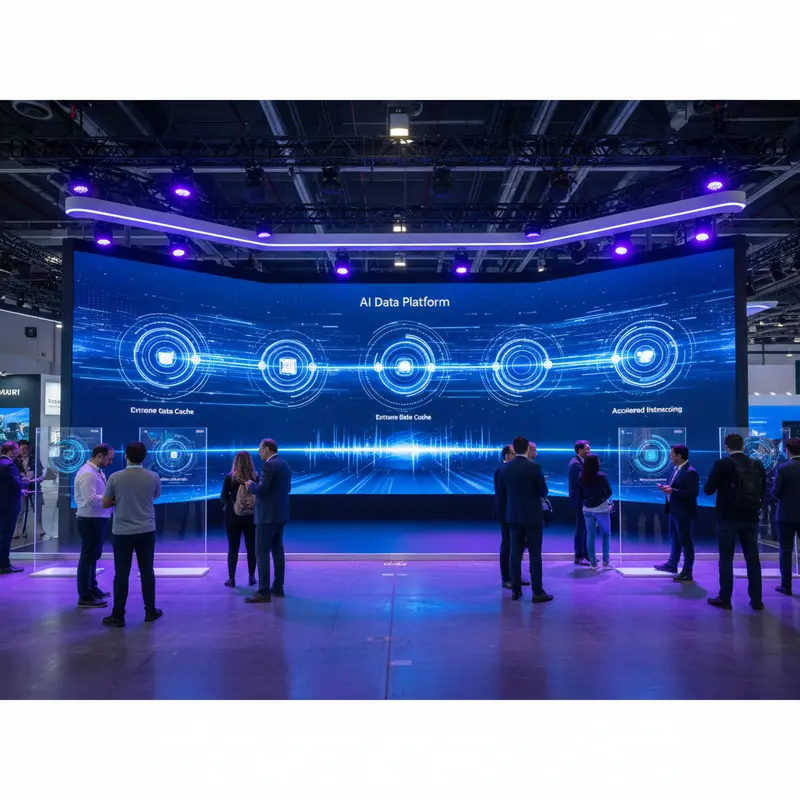 Huawei exhibition booth at MWC 2026 displaying the 3+1 AI Data Platform with digital architecture visualization on large screens