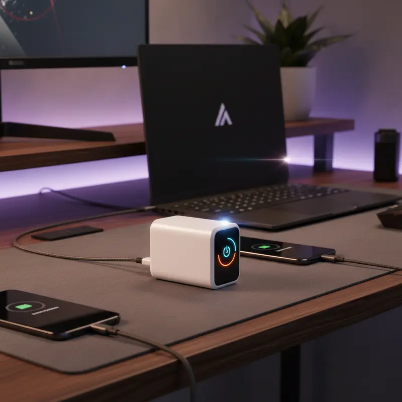 Anker Nano 45W slimme oplader met digitaal display dat laadstatus toont, aangesloten op laptop en smartphone