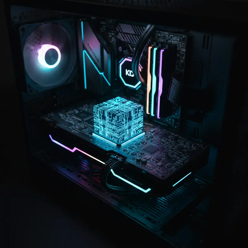 Close-up foto van geavanceerde HBM4 geheugenchip gemonteerd op een gaming GPU printplaat met blauwe verlichting